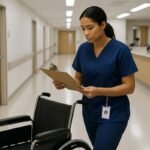 Asistente de enfermería con uniforme azul empujando una silla de ruedas en un pasillo de hospital